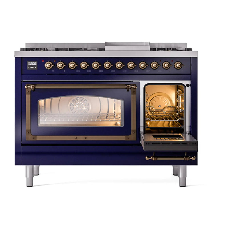 ILVE Nostalgie II Noblesse 48" Dual Fuel Freestanding Range in Midnight Blue with Burnished Trim, UN48FNMPMBBLP