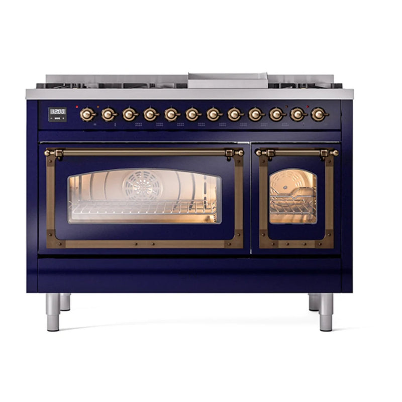 ILVE Nostalgie II Noblesse 48" Dual Fuel Freestanding Range in Midnight Blue with Burnished Trim, UN48FNMPMBB