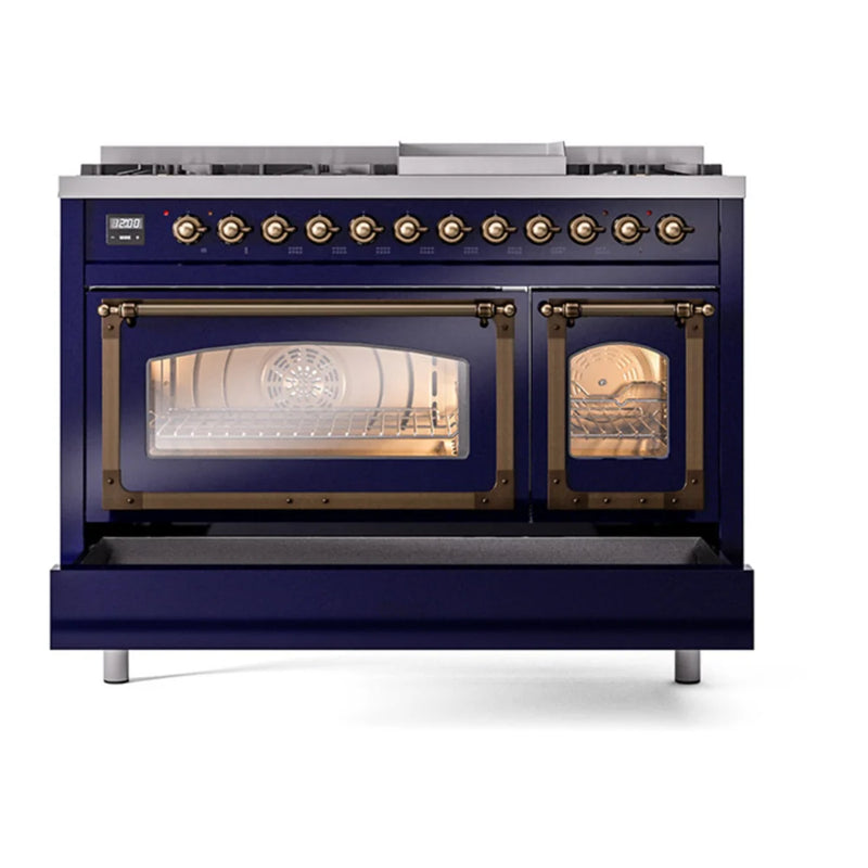 ILVE Nostalgie II Noblesse 48" Dual Fuel Freestanding Range in Midnight Blue with Burnished Trim, UN48FNMPMBB