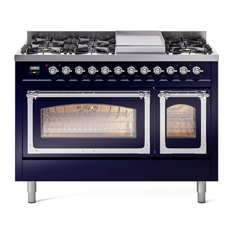 ILVE Nostalgie II Noblesse 48" Dual Fuel Freestanding Range in Midnight Blue with Chrome Trim, UN48FNMPMBCLP