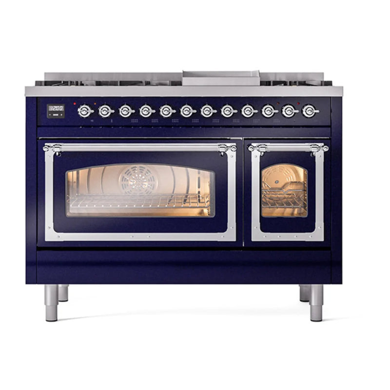 ILVE Nostalgie II Noblesse 48" Dual Fuel Freestanding Range in Midnight Blue with Chrome Trim, UN48FNMPMBCLP