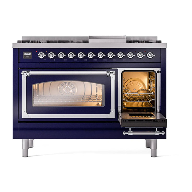 ILVE Nostalgie II Noblesse 48" Dual Fuel Freestanding Range in Midnight Blue with Chrome Trim, UN48FNMPMBCLP