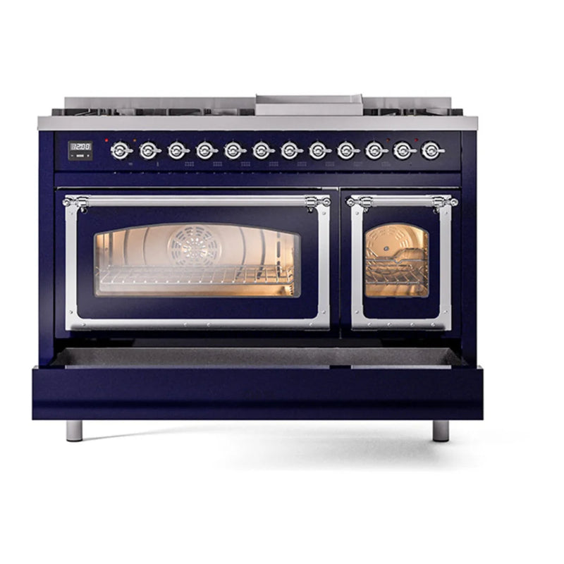 ILVE Nostalgie II Noblesse 48" Dual Fuel Freestanding Range in Midnight Blue with Chrome Trim, UN48FNMPMBCLP