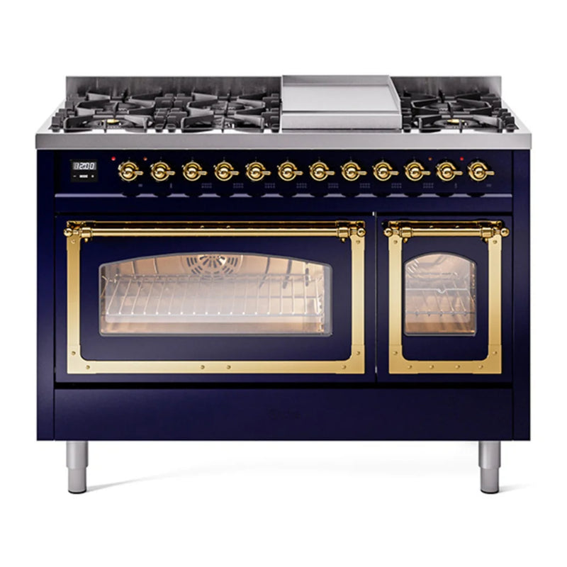 ILVE Nostalgie II Noblesse 48" Dual Fuel Freestanding Range in Midnight Blue with Brass Trim, UN48FNMPMBGLP
