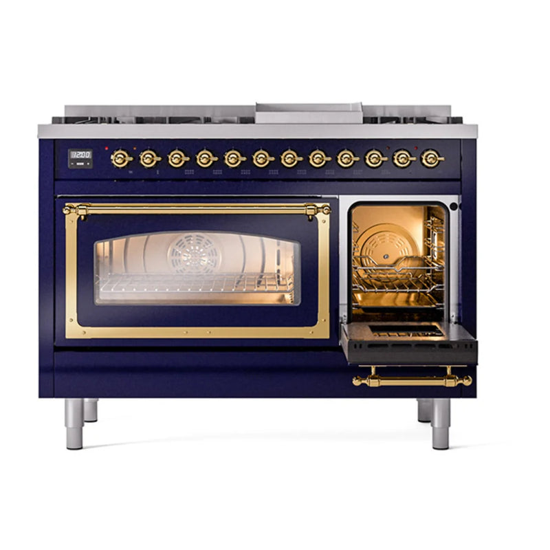 ILVE Nostalgie II Noblesse 48" Dual Fuel Freestanding Range in Midnight Blue with Brass Trim, UN48FNMPMBGLP