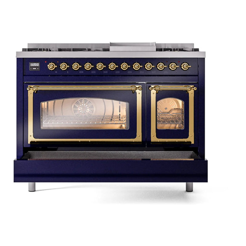 ILVE Nostalgie II Noblesse 48" Dual Fuel Freestanding Range in Midnight Blue with Brass Trim, UN48FNMPMBGLP