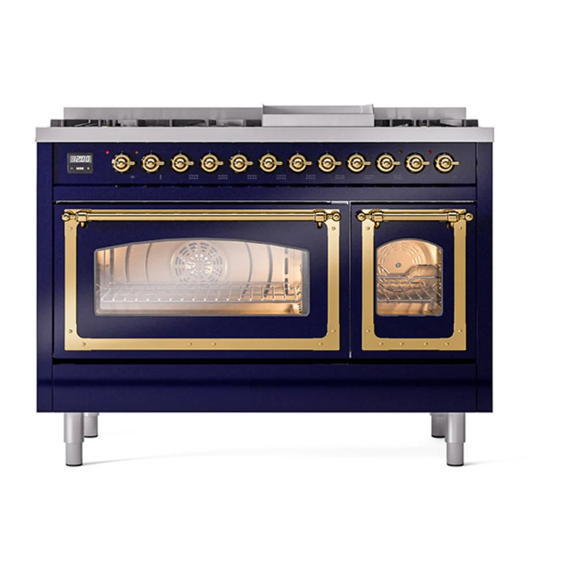 ILVE Nostalgie II Noblesse 48" Dual Fuel Freestanding Range in Midnight Blue with Brass Trim, UN48FNMPMBG