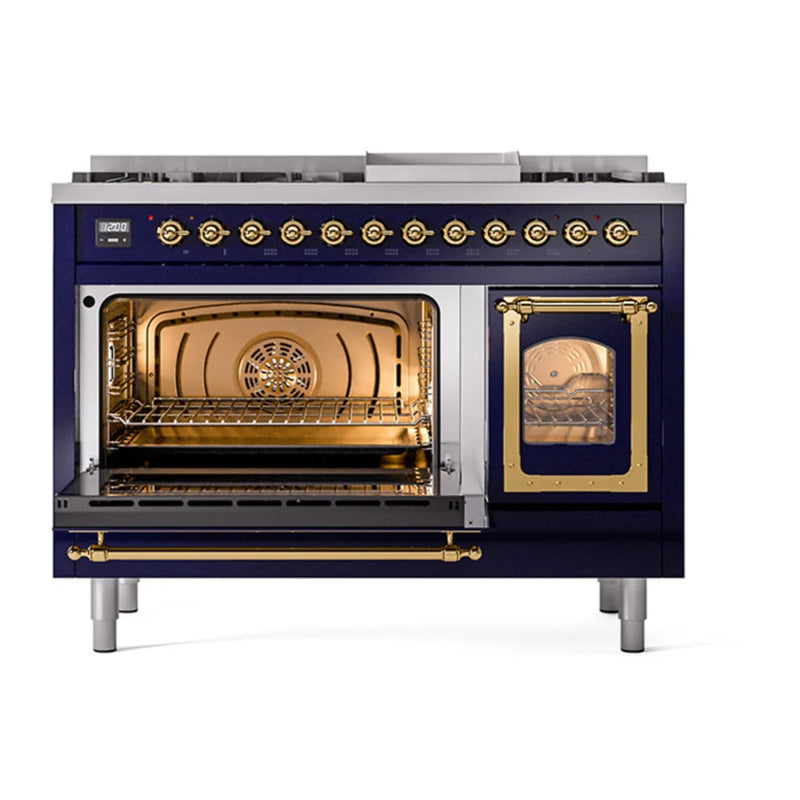 ILVE Nostalgie II Noblesse 48" Dual Fuel Freestanding Range in Midnight Blue with Brass Trim, UN48FNMPMBG