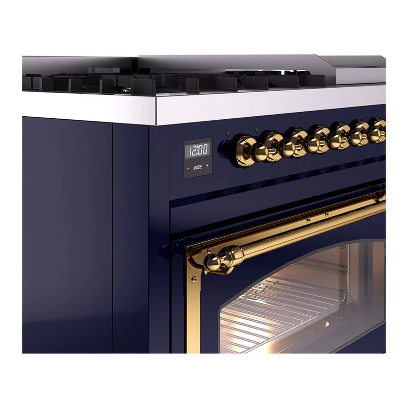 ILVE Nostalgie II Noblesse 48" Dual Fuel Freestanding Range in Midnight Blue with Brass Trim, UN48FNMPMBG