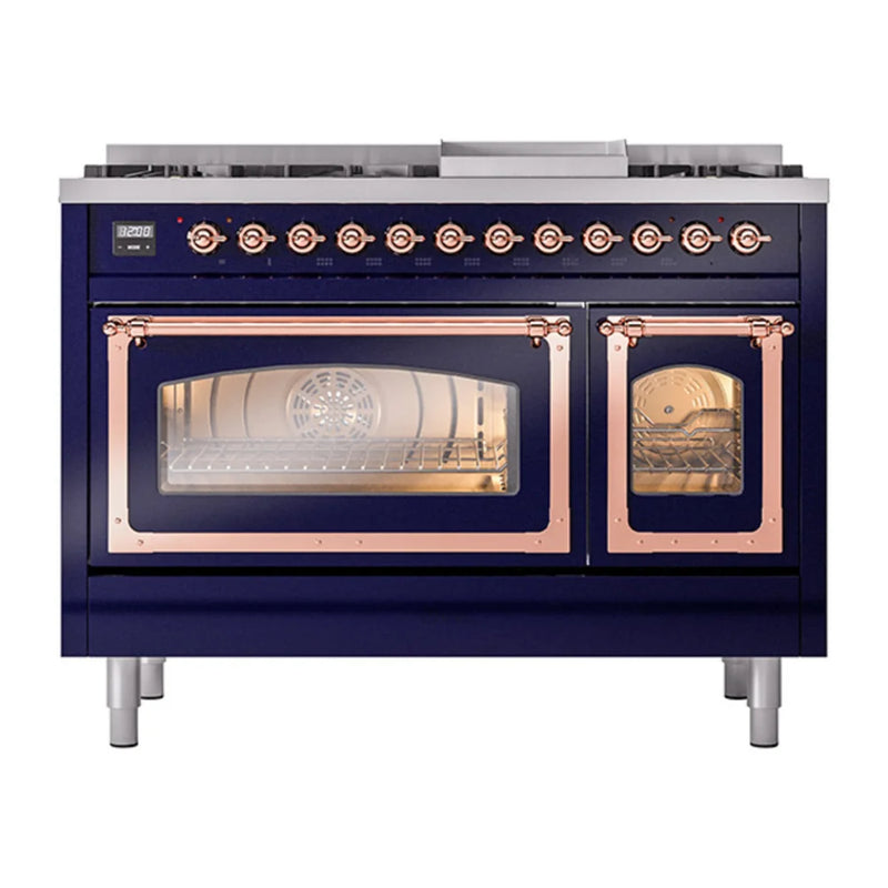 ILVE Nostalgie II Noblesse 48" Dual Fuel Freestanding Range in Midnight Blue with Copper Trim, UN48FNMPMBPLP