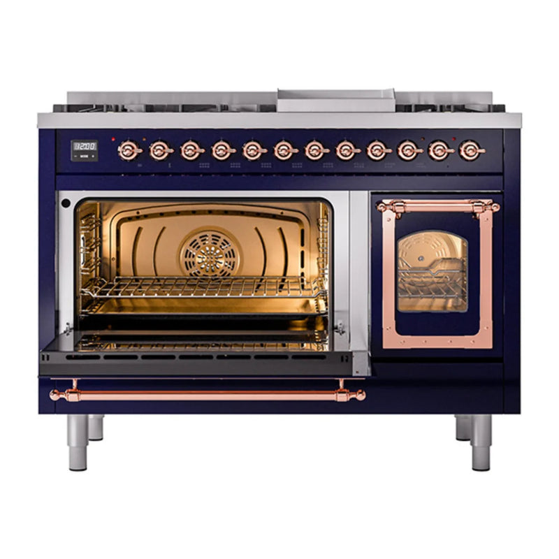 ILVE Nostalgie II Noblesse 48" Dual Fuel Freestanding Range in Midnight Blue with Copper Trim, UN48FNMPMBPLP