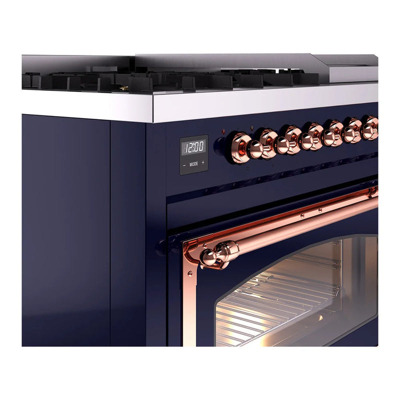 ILVE Nostalgie II Noblesse 48" Dual Fuel Freestanding Range in Midnight Blue with Copper Trim, UN48FNMPMBPLP