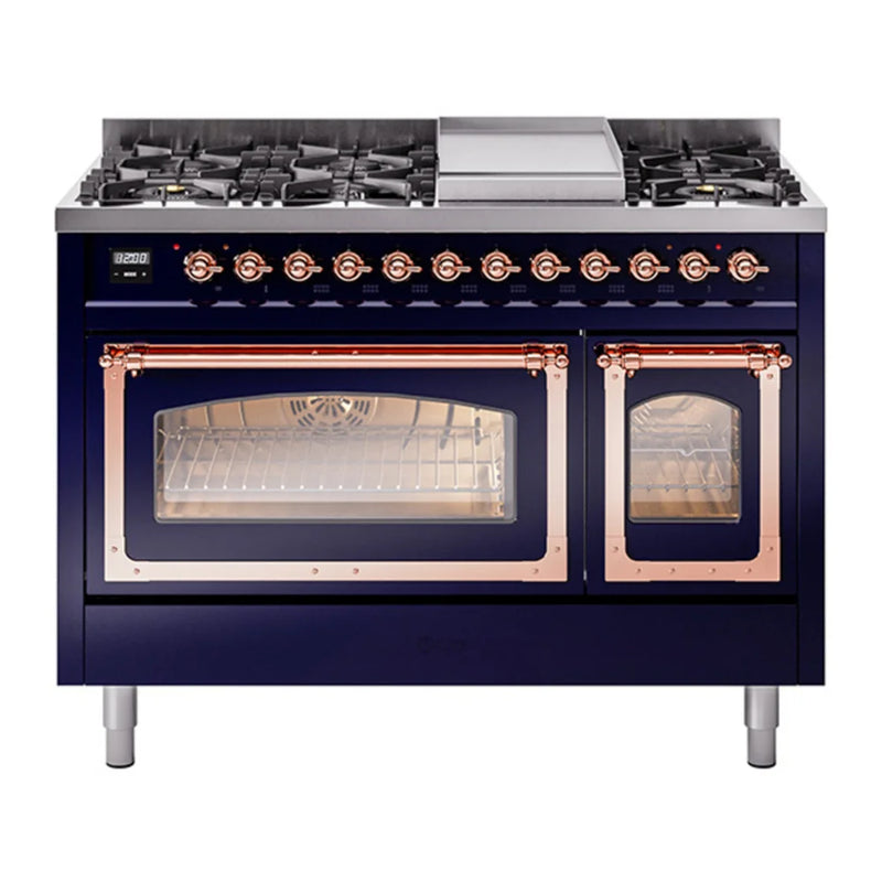 ILVE Nostalgie II Noblesse 48" Dual Fuel Freestanding Range in Midnight Blue with Copper Trim, UN48FNMPMBP