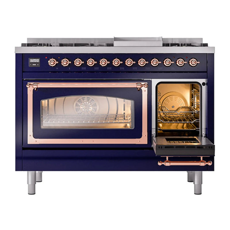 ILVE Nostalgie II Noblesse 48" Dual Fuel Freestanding Range in Midnight Blue with Copper Trim, UN48FNMPMBP