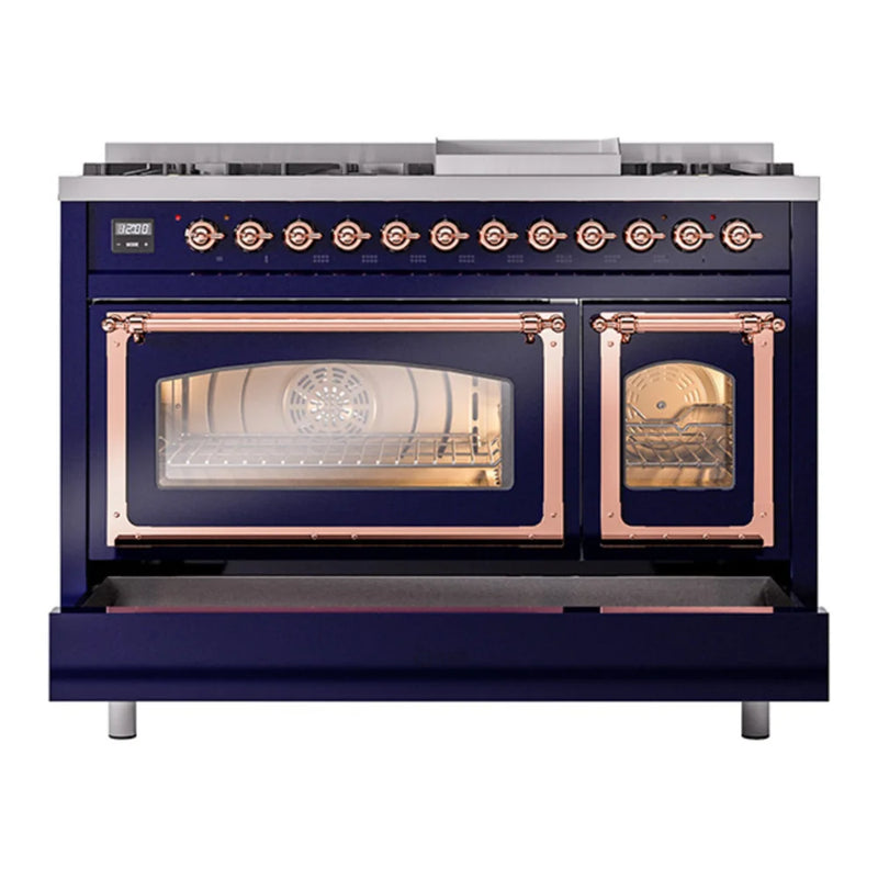 ILVE Nostalgie II Noblesse 48" Dual Fuel Freestanding Range in Midnight Blue with Copper Trim, UN48FNMPMBP