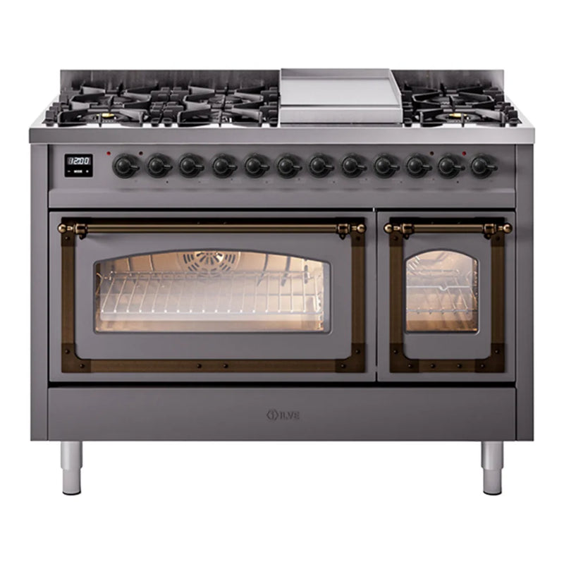 ILVE Nostalgie II Noblesse 48" Dual Fuel Freestanding Range in Graphite Matte with Burnished Trim, UN48FNMPMGBLP