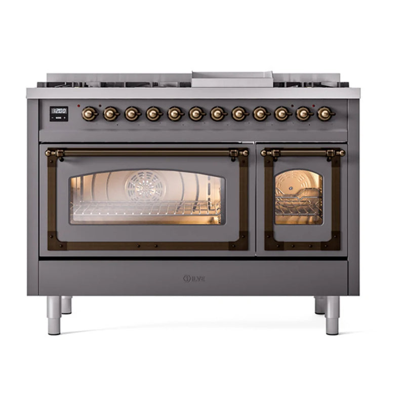 ILVE Nostalgie II Noblesse 48" Dual Fuel Freestanding Range in Graphite Matte with Burnished Trim, UN48FNMPMGBLP