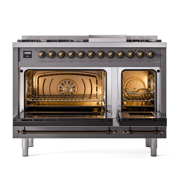 ILVE Nostalgie II Noblesse 48" Dual Fuel Freestanding Range in Graphite Matte with Burnished Trim, UN48FNMPMGBLP