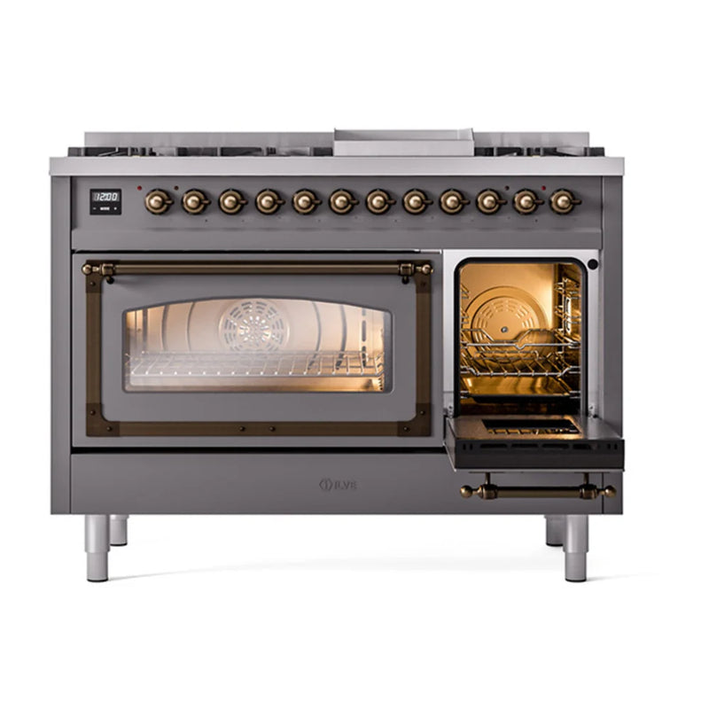 ILVE Nostalgie II Noblesse 48" Dual Fuel Freestanding Range in Graphite Matte with Burnished Trim, UN48FNMPMGBLP