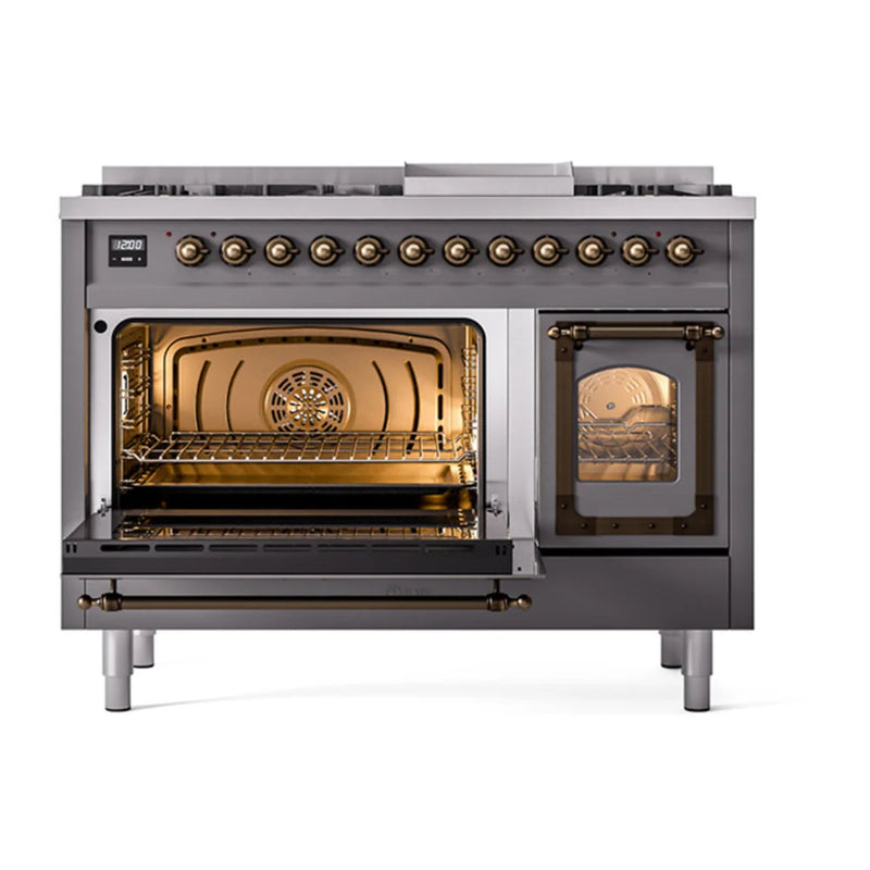 ILVE Nostalgie II Noblesse 48" Dual Fuel Freestanding Range in Graphite Matte with Burnished Trim, UN48FNMPMGB