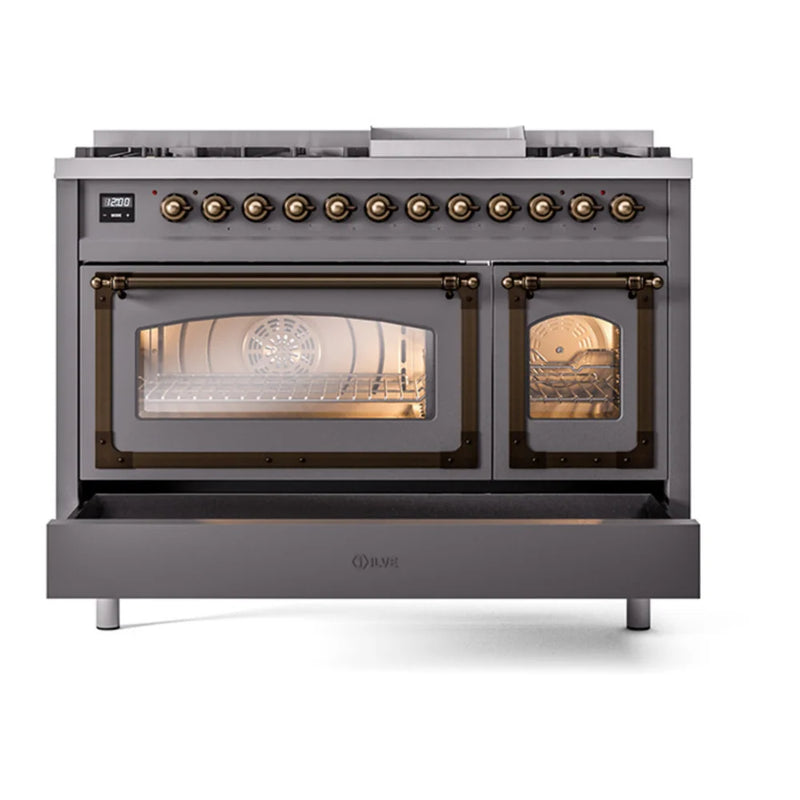 ILVE Nostalgie II Noblesse 48" Dual Fuel Freestanding Range in Graphite Matte with Burnished Trim, UN48FNMPMGB