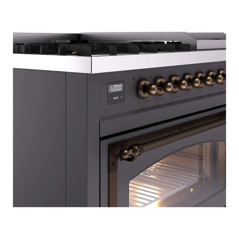 ILVE Nostalgie II Noblesse 48" Dual Fuel Freestanding Range in Graphite Matte with Burnished Trim, UN48FNMPMGB