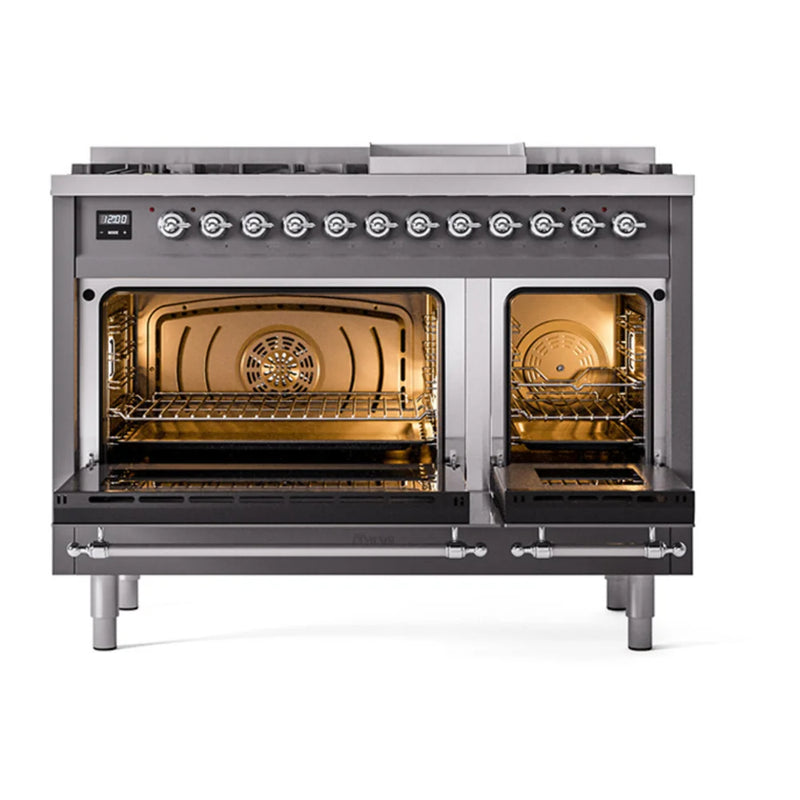 ILVE Nostalgie II Noblesse 48" Dual Fuel Freestanding Range in Graphite Matte with Chrome Trim, UN48FNMPMGCLP