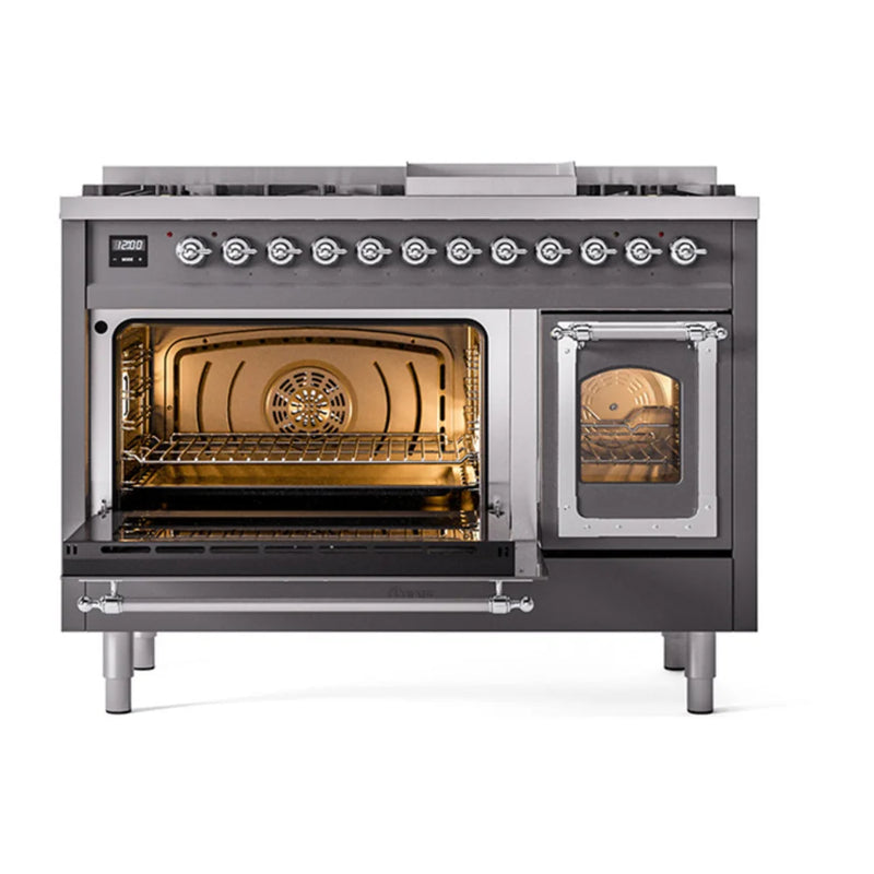ILVE Nostalgie II Noblesse 48" Dual Fuel Freestanding Range in Graphite Matte with Chrome Trim, UN48FNMPMGCLP