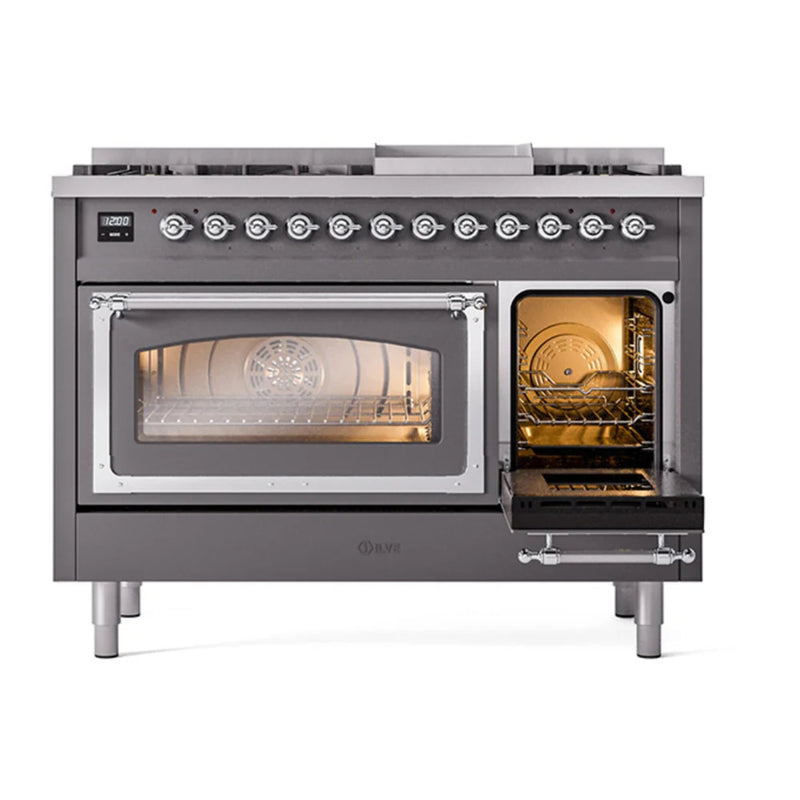 ILVE Nostalgie II Noblesse 48" Dual Fuel Freestanding Range in Graphite Matte with Chrome Trim, UN48FNMPMGCLP