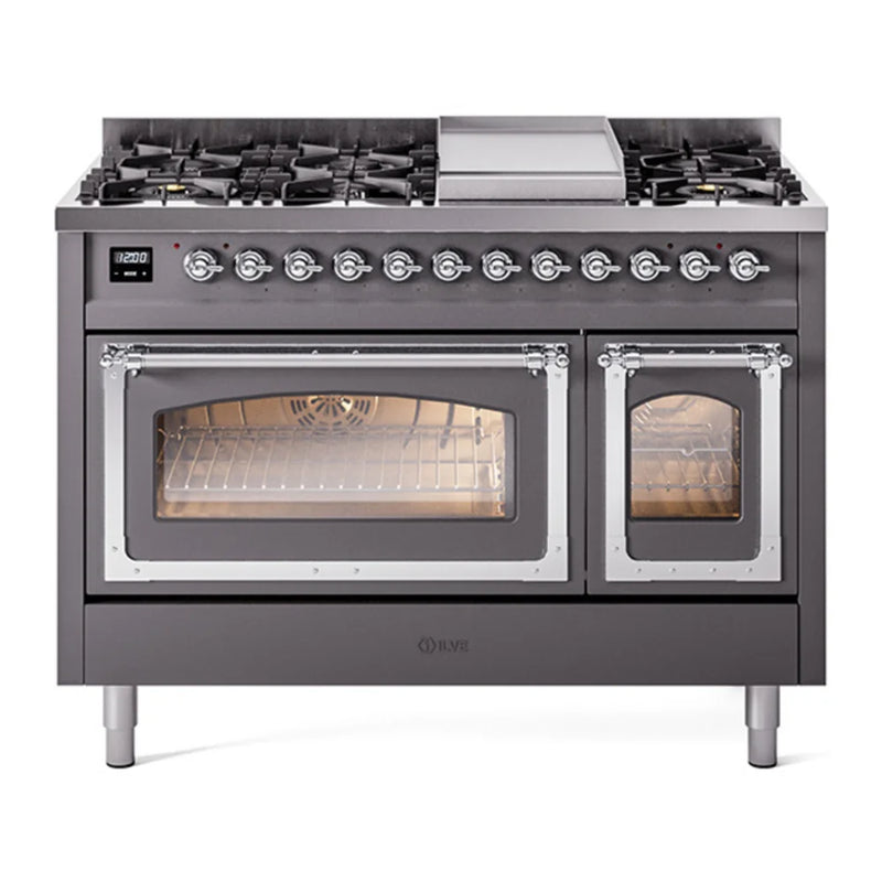 ILVE Nostalgie II Noblesse 48" Dual Fuel Freestanding Range in Graphite Matte with Chrome Trim, UN48FNMPMGC