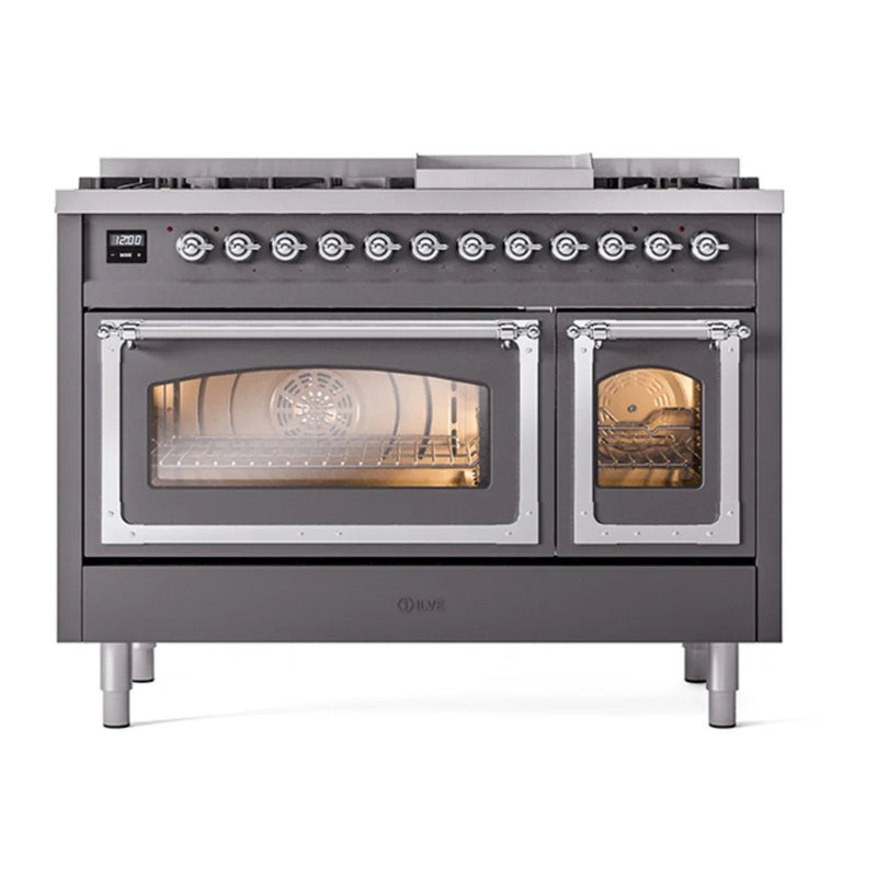 ILVE Nostalgie II Noblesse 48" Dual Fuel Freestanding Range in Graphite Matte with Chrome Trim, UN48FNMPMGC