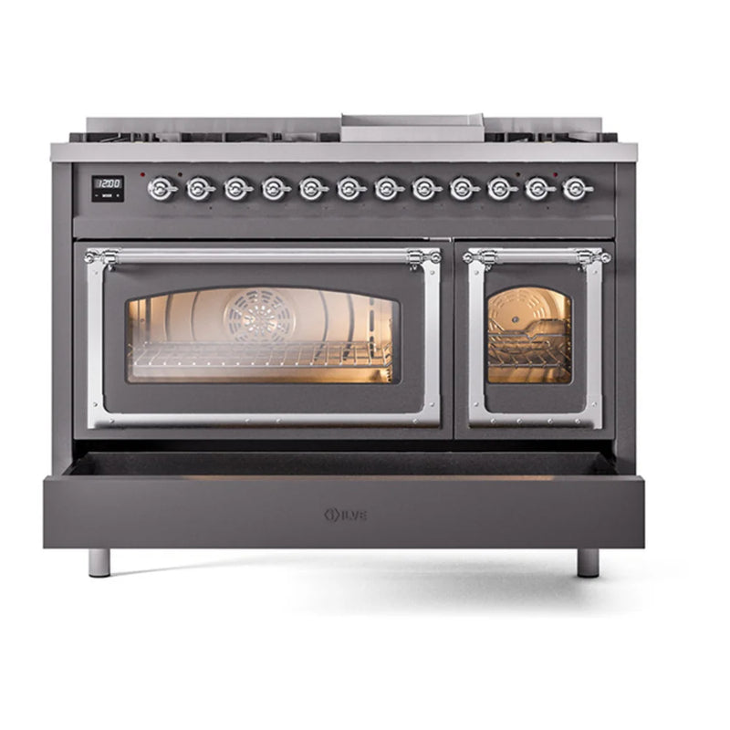 ILVE Nostalgie II Noblesse 48" Dual Fuel Freestanding Range in Graphite Matte with Chrome Trim, UN48FNMPMGC