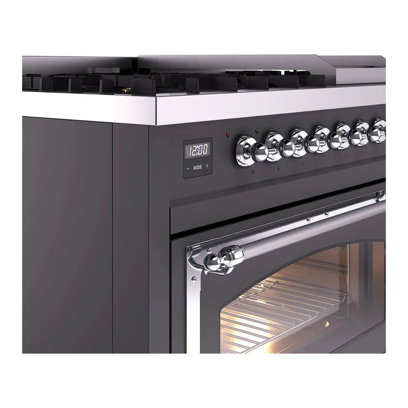 ILVE Nostalgie II Noblesse 48" Dual Fuel Freestanding Range in Graphite Matte with Chrome Trim, UN48FNMPMGC