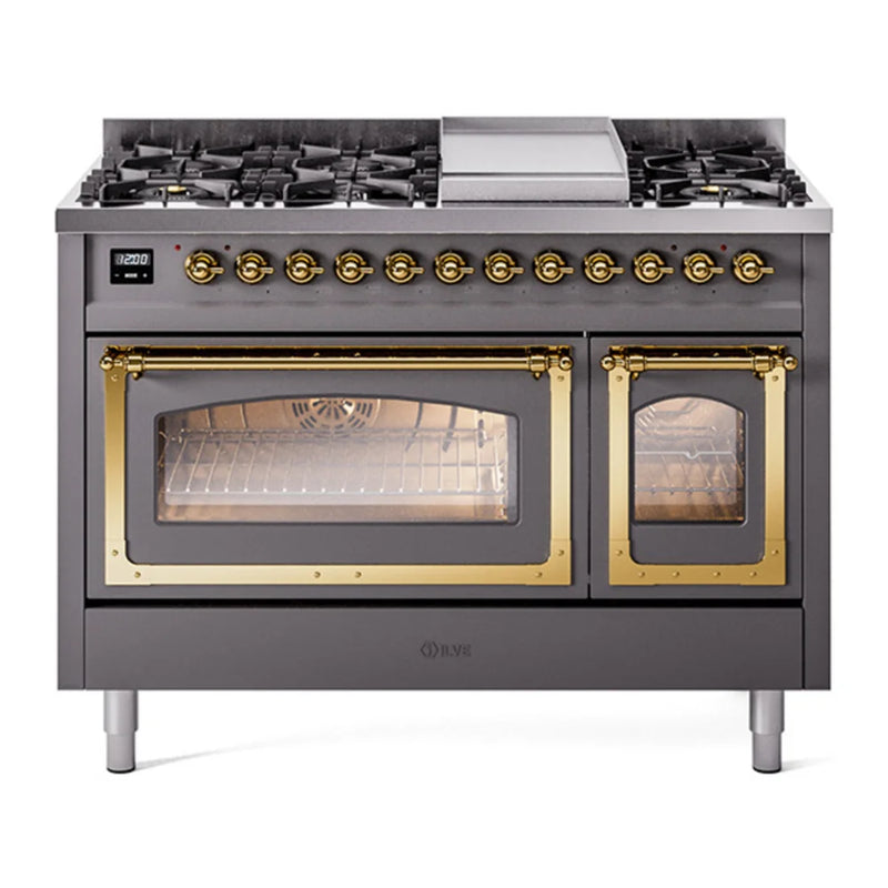 ILVE Nostalgie II Noblesse 48" Dual Fuel Freestanding Range in Graphite Matte with Brass Trim, UN48FNMPMGGLP