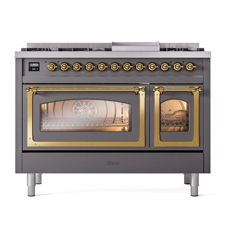 ILVE Nostalgie II Noblesse 48" Dual Fuel Freestanding Range in Graphite Matte with Brass Trim, UN48FNMPMGGLP