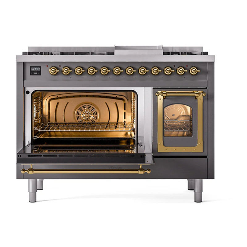ILVE Nostalgie II Noblesse 48" Dual Fuel Freestanding Range in Graphite Matte with Brass Trim, UN48FNMPMGGLP