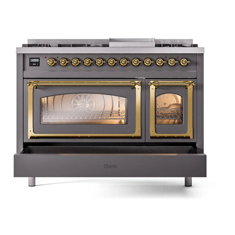 ILVE Nostalgie II Noblesse 48" Dual Fuel Freestanding Range in Graphite Matte with Brass Trim, UN48FNMPMGGLP