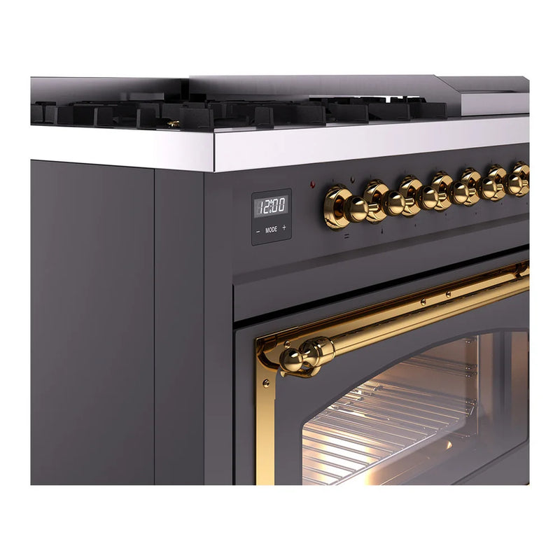 ILVE Nostalgie II Noblesse 48" Dual Fuel Freestanding Range in Graphite Matte with Brass Trim, UN48FNMPMGGLP