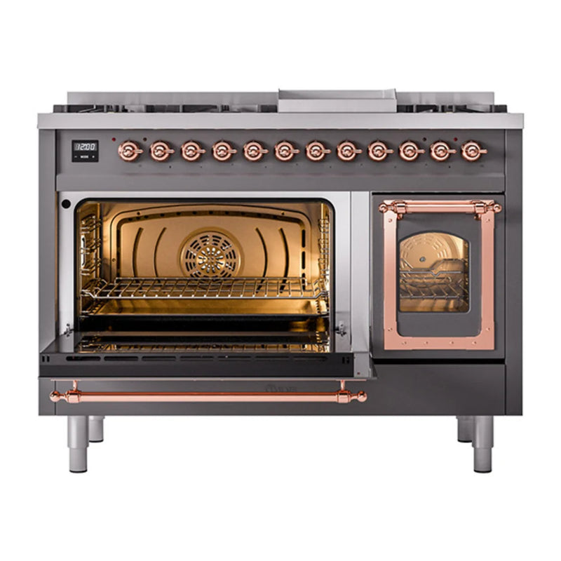 ILVE Nostalgie II Noblesse 48" Dual Fuel Freestanding Range in Graphite Matte with Copper Trim, UN48FNMPMGPLP