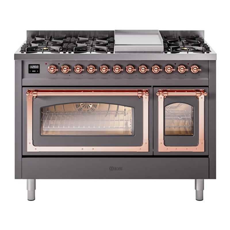 ILVE Nostalgie II Noblesse 48" Dual Fuel Freestanding Range in Graphite Matte with Copper Trim, UN48FNMPMGP