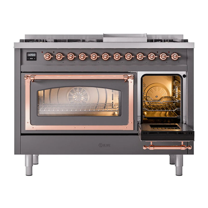 ILVE Nostalgie II Noblesse 48" Dual Fuel Freestanding Range in Graphite Matte with Copper Trim, UN48FNMPMGP