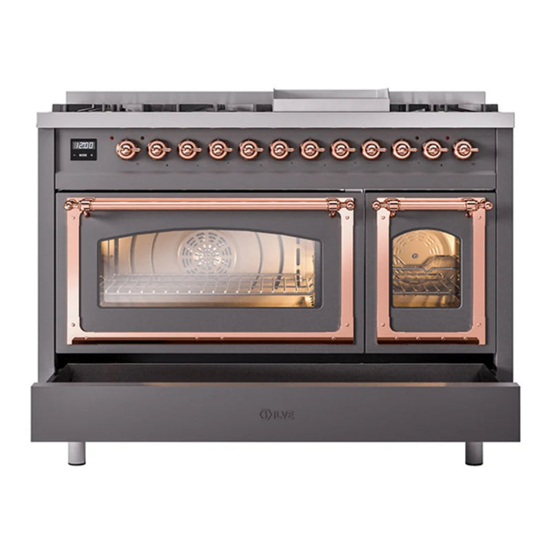 ILVE Nostalgie II Noblesse 48" Dual Fuel Freestanding Range in Graphite Matte with Copper Trim, UN48FNMPMGP