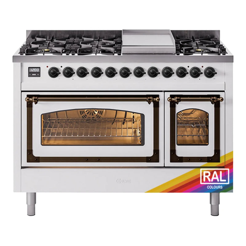 ILVE Nostalgie II Noblesse 48" Dual Fuel Freestanding Range in RAL Color with Burnished Trim, UN48FNMPRABLP