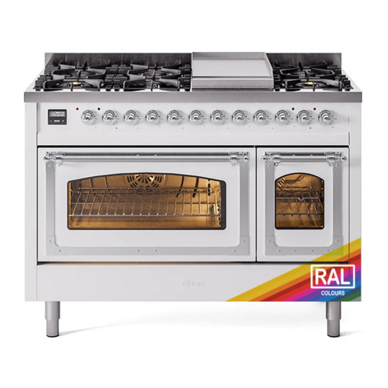 ILVE Nostalgie II Noblesse 48" Dual Fuel Freestanding Range in RAL Color with Chrome Trim, UN48FNMPRACLP