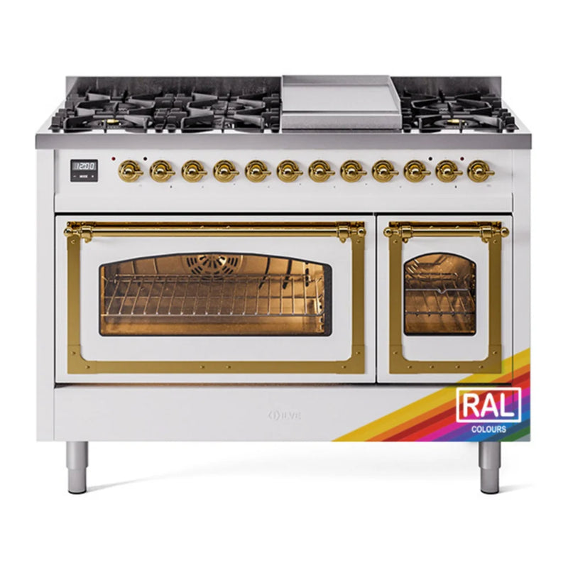 ILVE Nostalgie II Noblesse 48" Dual Fuel Freestanding Range in RAL Color with Brass Trim, UN48FNMPRAGLP