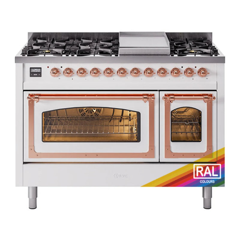 ILVE Nostalgie II Noblesse 48" Dual Fuel Freestanding Range in RAL Color with Copper Trim, UN48FNMPRAP