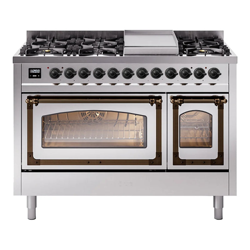 ILVE Nostalgie II Noblesse 48" Dual Fuel Freestanding Range in Stainless Steel with Burnished Trim, UN48FNMPSSBLP
