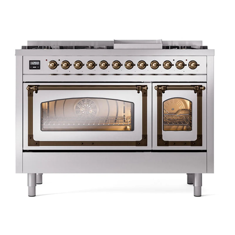 ILVE Nostalgie II Noblesse 48" Dual Fuel Freestanding Range in Stainless Steel with Burnished Trim, UN48FNMPSSBLP