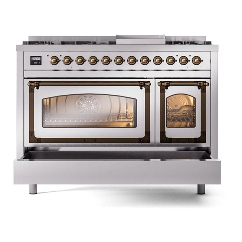 ILVE Nostalgie II Noblesse 48" Dual Fuel Freestanding Range in Stainless Steel with Burnished Trim, UN48FNMPSSBLP