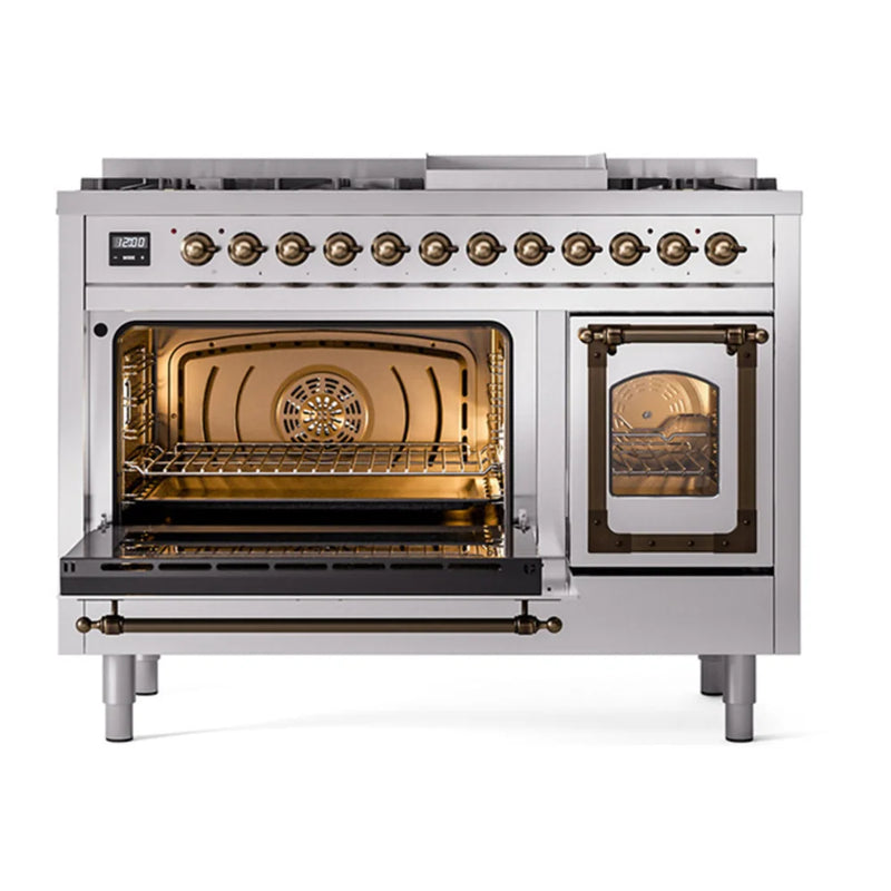 ILVE Nostalgie II Noblesse 48" Dual Fuel Freestanding Range in Stainless Steel with Burnished Trim, UN48FNMPSSB